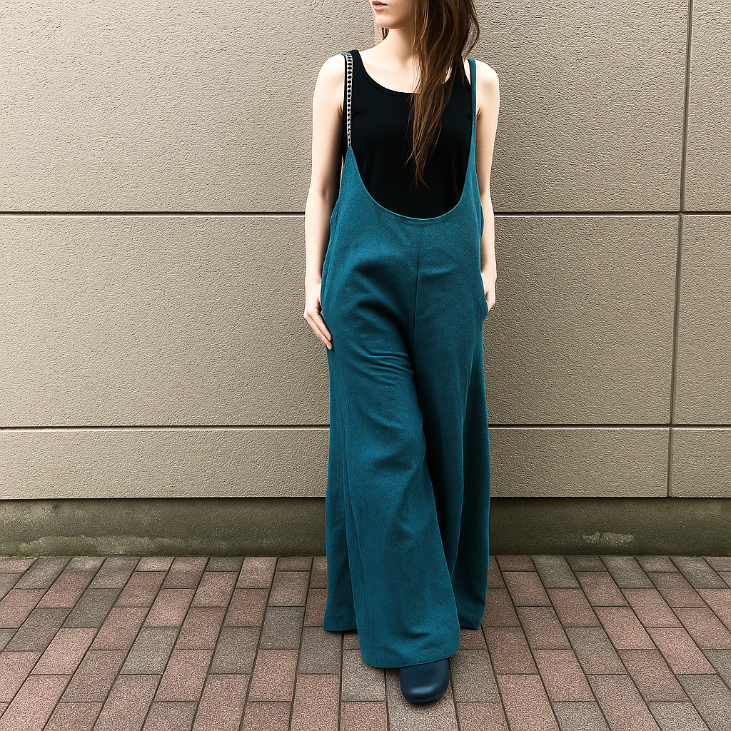 ■10日内発送■【再販】ダークターコイズで大人の魅力。「春リネンサロペットパンツ」麻 ロンパース ワイドパンツ