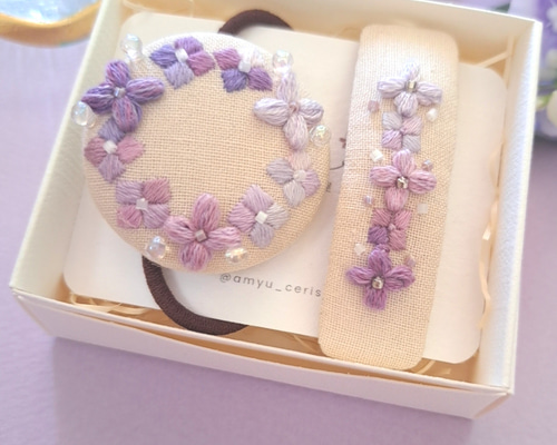 親子お揃い】刺繍アクセサリー＆ぱっちんピン『あじさい』 ヘアゴム