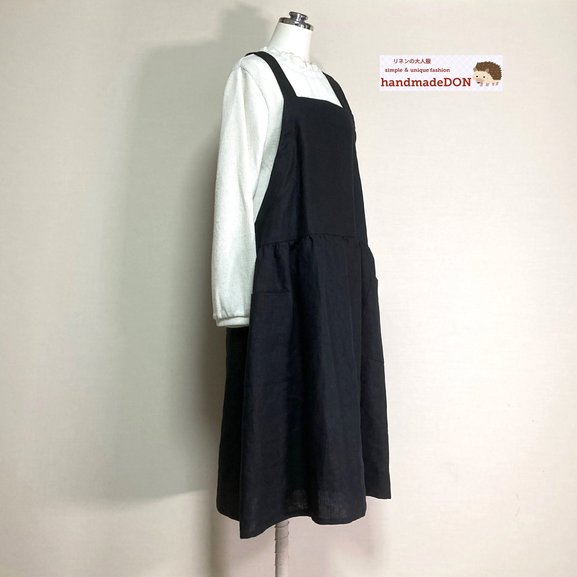 カラーリネン◆ギャザーエプロンワンピース◆黒◆フリーサイズ（中厚、リネン100％） 7,775円