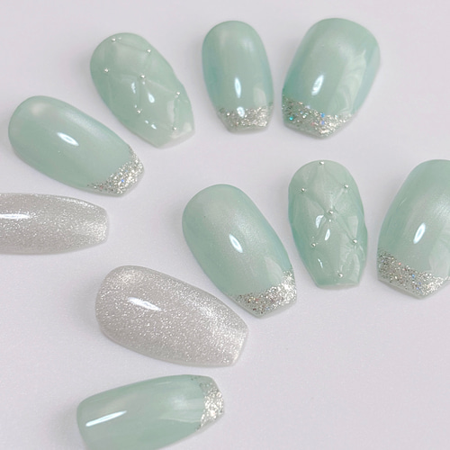 爽やかさに甘さを添えて】キルティング マグネットネイルチップ ミント