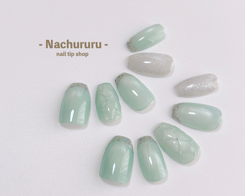 爽やかさに甘さを添えて】キルティング マグネットネイルチップ ミント