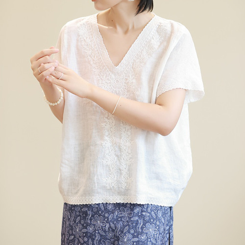 VITAKIN未使用刺繍　リネンブラウス 通気性抜群・綿100%・日本製・洗濯機OK】刺繍ブラウス｜KINDCARE