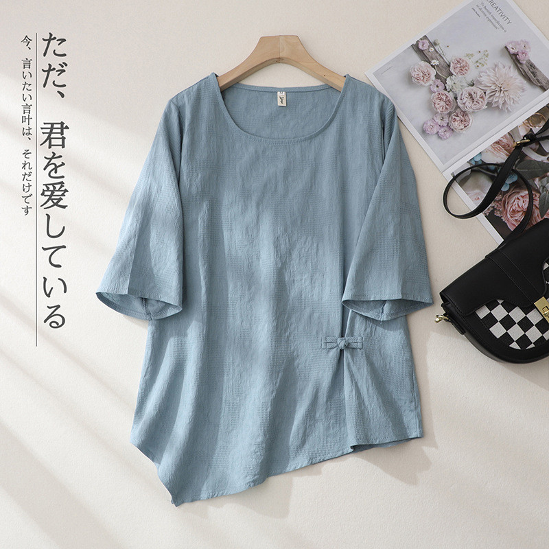 綿麻の盤ボタンと模様織りの半袖 2588