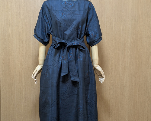 249 手染め大輔 着物リメイク 大島 ワンピース ストール付