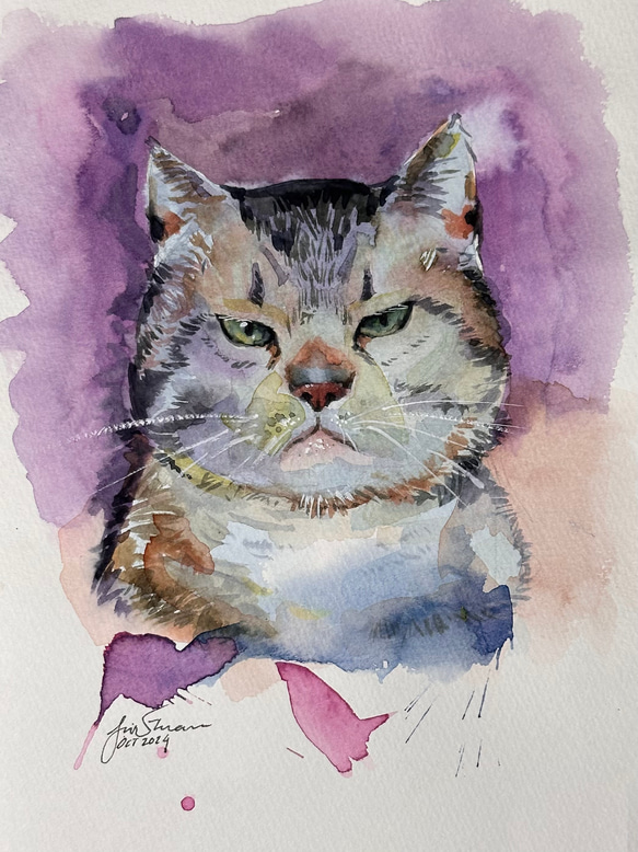 絵画 猫 猫の絵 水彩 ねこずき 猫雑貨 にゃんこ 美術品 猫グッズ 猫用品 ふくれっ面の猫(Pouting) /猫/透明水彩絵/額縁付/ アート/絵画