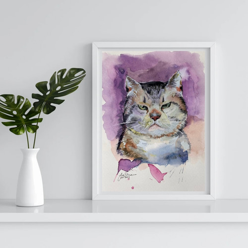 ふくれっ面の猫(Pouting) /猫/透明水彩絵/額縁付/ アート/絵画