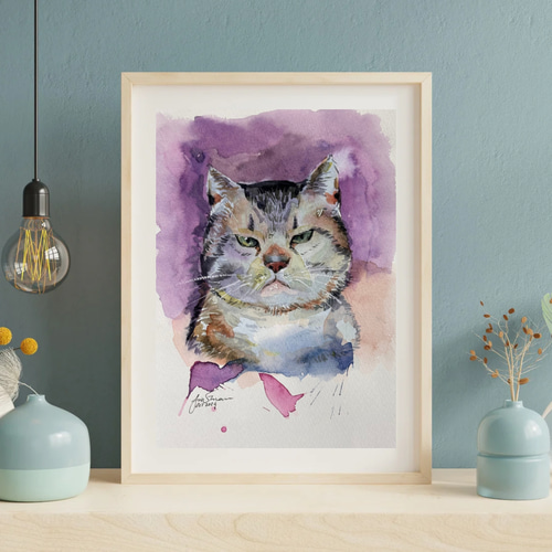 ふくれっ面の猫(Pouting) /猫/透明水彩絵/額縁付/ アート/絵画