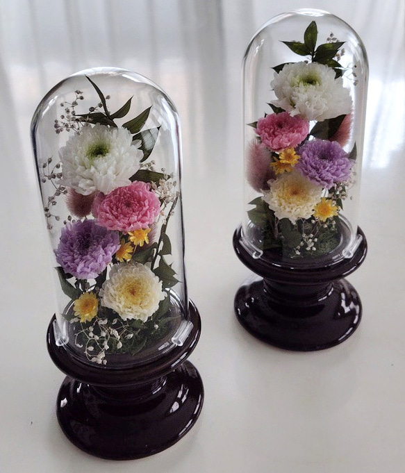 仏花ガラスドーム小対 プリザーブドフラワー 仏花ガラスドーム小対 プリザーブド
