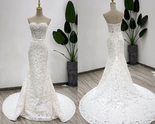 上質なドレス 花柄レース ビスチェライン ホワイト トレーン 華やかな