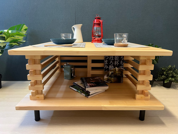 送料無料】 ローテーブル 和風 木組格子形 80cm角 パイン ナチュラル  