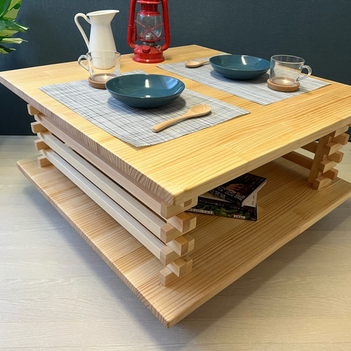 送料無料】 ローテーブル 和風 木組格子形 80cm角 パイン ナチュラル