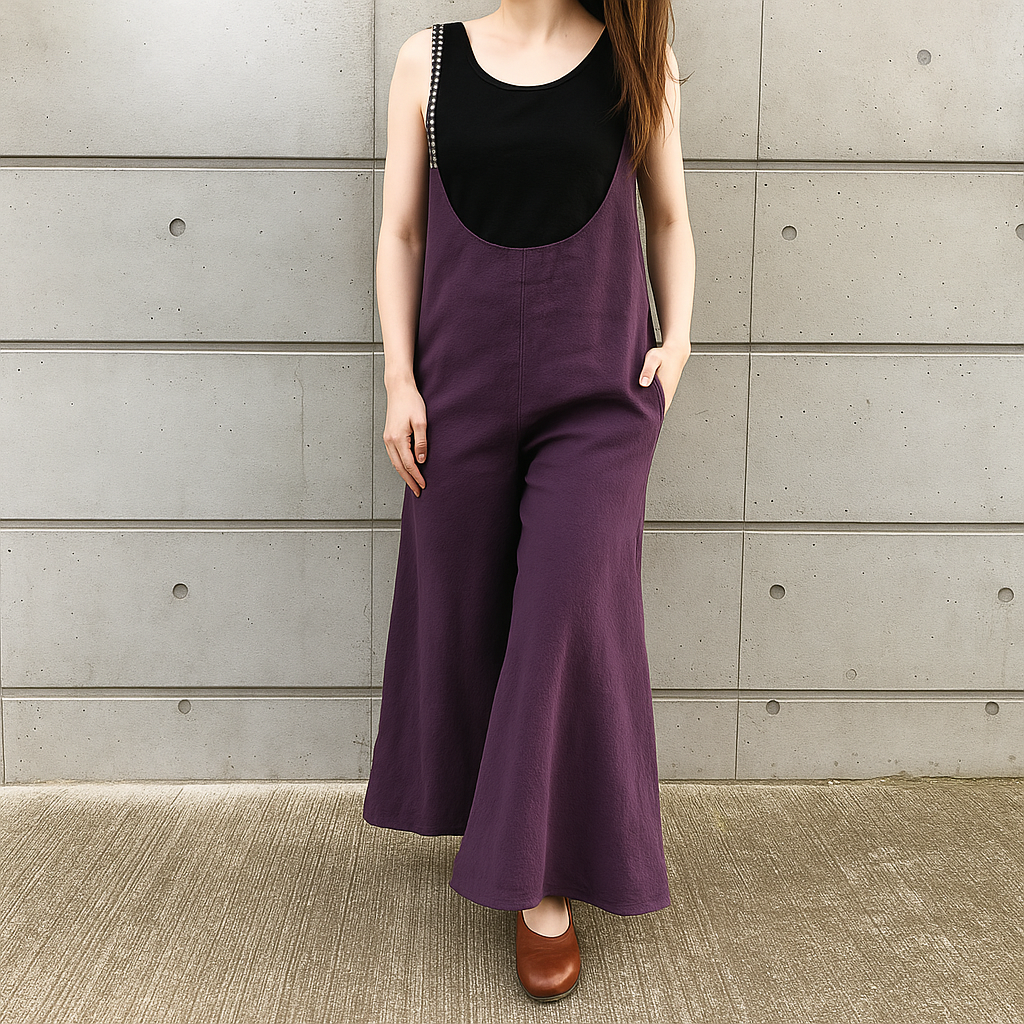 ■10日内発送■【再販】アンティークパープルで大人の魅力。「春リネンサロペットパンツ」麻 ロンパース ワイドパンツ