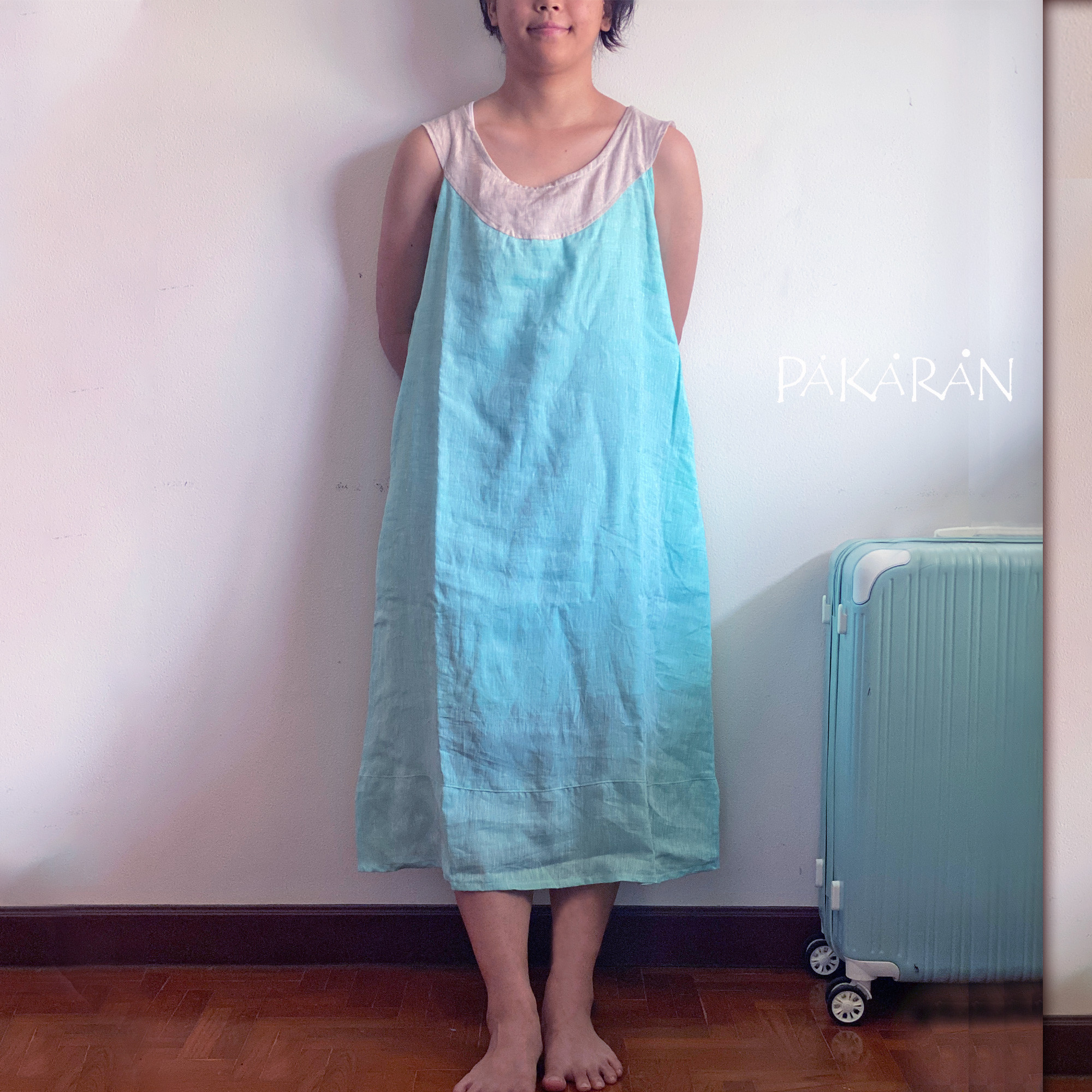 リネンワンピース 涼し気なミントグリーン　裏地付き