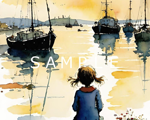 港で船と海の夕陽を見ている少女と猫(オリジナルイラスト)A4 №s-8159