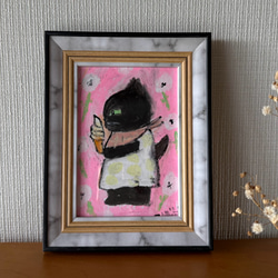 絵画。原画【コーヒーカップの熊ちゃんは喜んでコーヒーを飲み