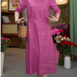 レトロな文芸リネンワンピース女性半袖夏のゆったり痩せた雰囲気Vネック薄手綿麻膝丈スカート 4枚目の画像