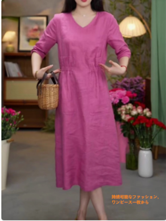 レトロな文芸リネンワンピース女性半袖夏のゆったり痩せた雰囲気Vネック薄手綿麻膝丈スカート 4枚目の画像