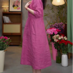 レトロな文芸リネンワンピース女性半袖夏のゆったり痩せた雰囲気Vネック薄手綿麻膝丈スカート 2枚目の画像