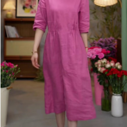 レトロな文芸リネンワンピース女性半袖夏のゆったり痩せた雰囲気Vネック薄手綿麻膝丈スカート 3枚目の画像