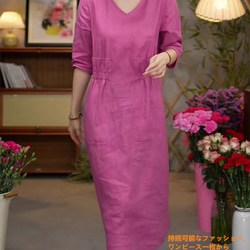 レトロな文芸リネンワンピース女性半袖夏のゆったり痩せた雰囲気Vネック薄手綿麻膝丈スカート 5枚目の画像