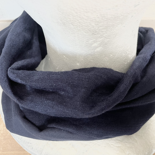 ネイビー&ネイビー綿100リネン麻100%国内手作りネックウォーマー新品  