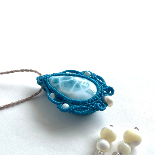 極上ブルー♪波模様ラリマーの天然石マクラメ編みネックレス