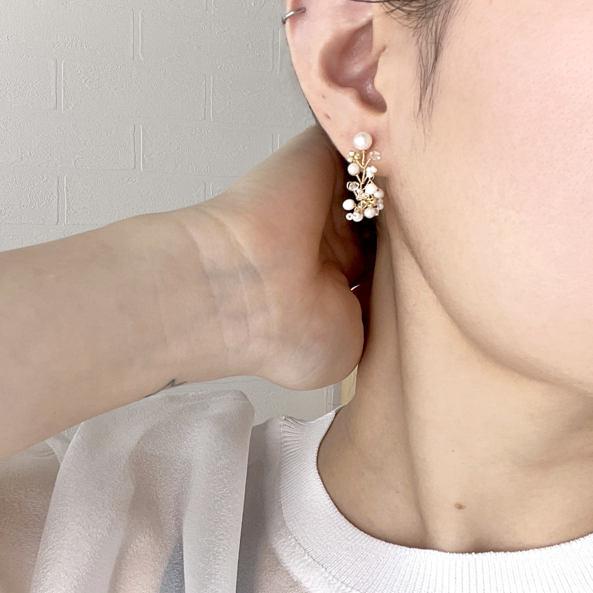 k14gf　結わい　-瞬き-　【②結わい（片耳）】小枝耳飾り　ワイヤーアクセサリー　淡水パール