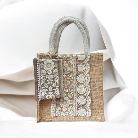 インド刺繍リボンのジュートバッグ/ファスナーポーチ付き/エコバッグ