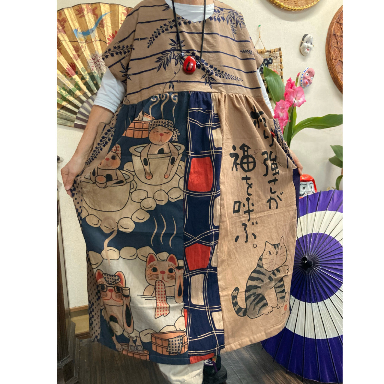 柿渋染め　チュニック　上杉まつり　 龍手ぬぐい　浴衣　刺し子　古布 柿渋染め チュニック 上杉まつり 龍手ぬぐい 浴衣 刺し子 古布