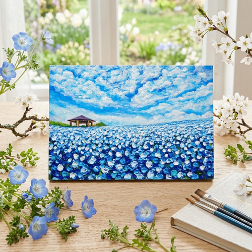 風と光の物語｜100万本のネモフィラ「花の丘」油彩画 インテリアアート