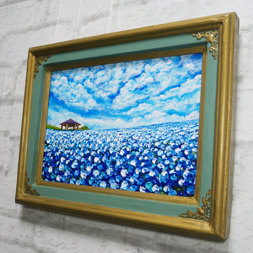 油絵 油彩 油彩画 絵 絵画【青空と雲のネモフィラ】 絵画 HR 通販