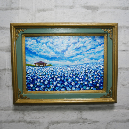 油絵 油彩 油彩画 絵 絵画【夕日に輝くネモフィラ】 【公式通販】