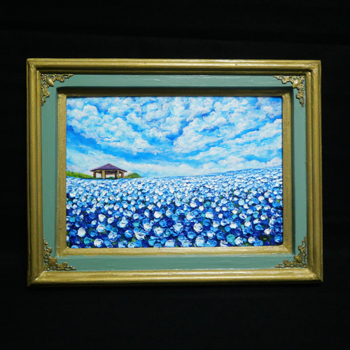 油絵 油彩 油彩画 絵 絵画【ネモフィラの田んぼに輝く天の川】 油絵 油彩 油彩画 絵 絵画 【ネモフィラと青い満月と星空