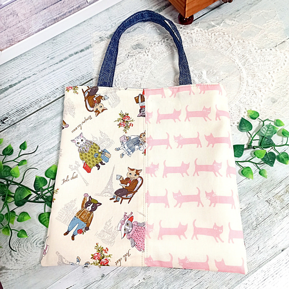 にゃんこ パッチワーク レース♡ ミニトートバッグ 5枚目の画像