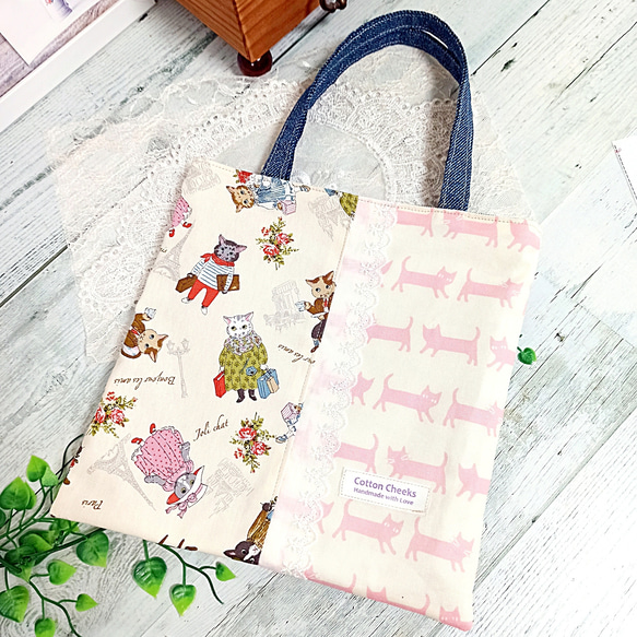 にゃんこ パッチワーク レース♡ ミニトートバッグ 4枚目の画像