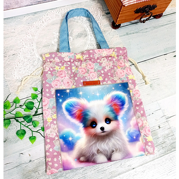 虹色わんこちゃん♡ 巾着ミニバッグ トートバッグ 3枚目の画像