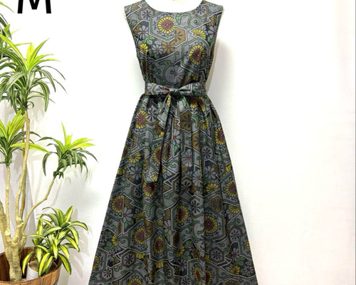 着物リメイク ギャザーワンピース 2WAY 花柄 ロング ノースリーブ 大人