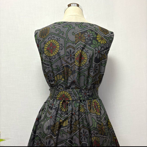 着物リメイク ギャザーワンピース 2WAY 花柄 ロング ノースリーブ 大人