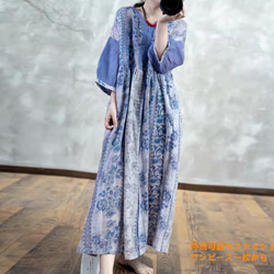 レトロプリントリネン七分袖ワンピース女2025夏薄手ゆったり着やせ感綿麻ロングガウン 2枚目の画像