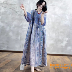 レトロプリントリネン七分袖ワンピース女2025夏薄手ゆったり着やせ感綿麻ロングガウン 3枚目の画像