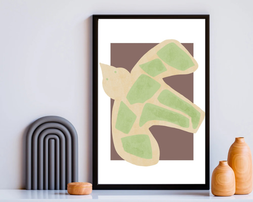 ポスター 抽象画 北欧 アースカラー 飛び立つ鳥 ベージュ ライム