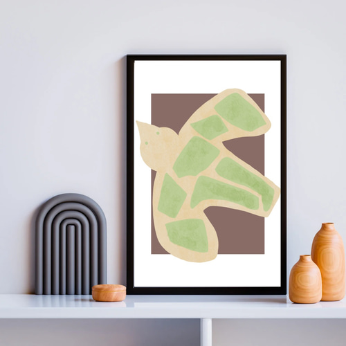 ポスター 抽象画 北欧 アースカラー 飛び立つ鳥 ベージュ ライム