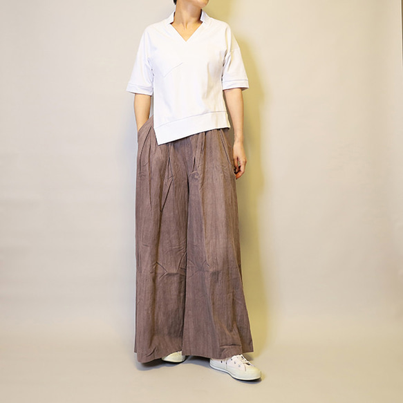 【夏新作】涼しげ♪絞り染めリネン100総ゴム仕立てタックワイドパンツ25024PPF 10枚目の画像