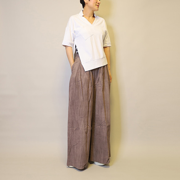 【夏新作】涼しげ♪絞り染めリネン100総ゴム仕立てタックワイドパンツ25024PPF 6枚目の画像