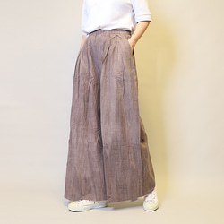 【夏新作】涼しげ♪絞り染めリネン100総ゴム仕立てタックワイドパンツ25024PPF 2枚目の画像