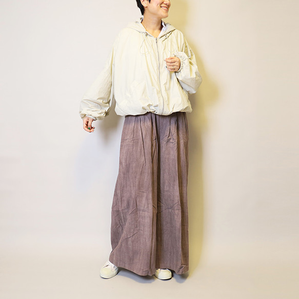 【夏新作】涼しげ♪絞り染めリネン100総ゴム仕立てタックワイドパンツ25024PPF 15枚目の画像