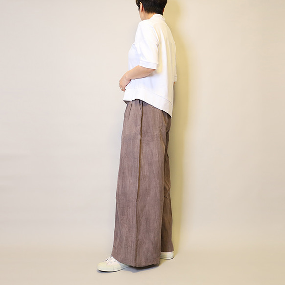 【夏新作】涼しげ♪絞り染めリネン100総ゴム仕立てタックワイドパンツ25024PPF 8枚目の画像