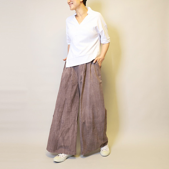 【夏新作】涼しげ♪絞り染めリネン100総ゴム仕立てタックワイドパンツ25024PPF 11枚目の画像