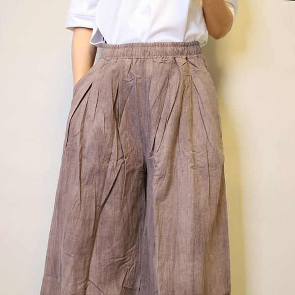 【夏新作】涼しげ♪絞り染めリネン100総ゴム仕立てタックワイドパンツ25024PPF 5枚目の画像