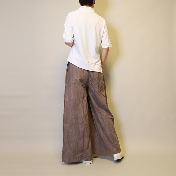 【夏新作】涼しげ♪絞り染めリネン100総ゴム仕立てタックワイドパンツ25024PPF 9枚目の画像